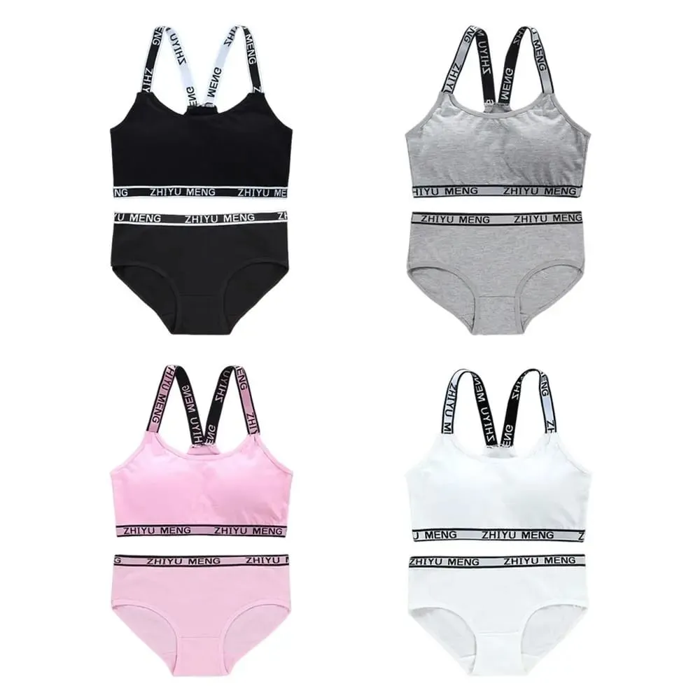 1Set Casual Cotton Girls Bras Panties Sets Breathable Elastic Lingerie Set Comfortable Letter Sport Brassiere