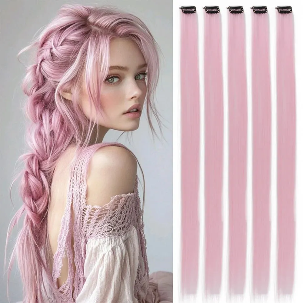 Synthetic Colorful 5pcs/set Clip Hair Extensions High Temperature Long Straight Hairpieces for Women Daily Party Use