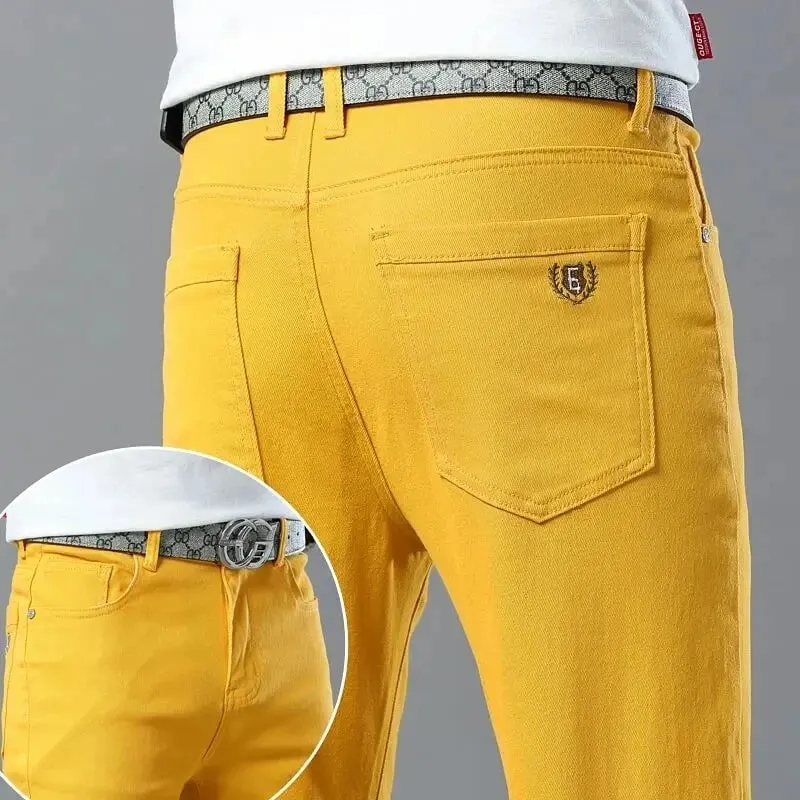 Men's Colorful Denim Stretch Stretch Jeans New Elastic Yellow Pink Red Slim Male Clothing Simple Business Denim Trousers — image 3