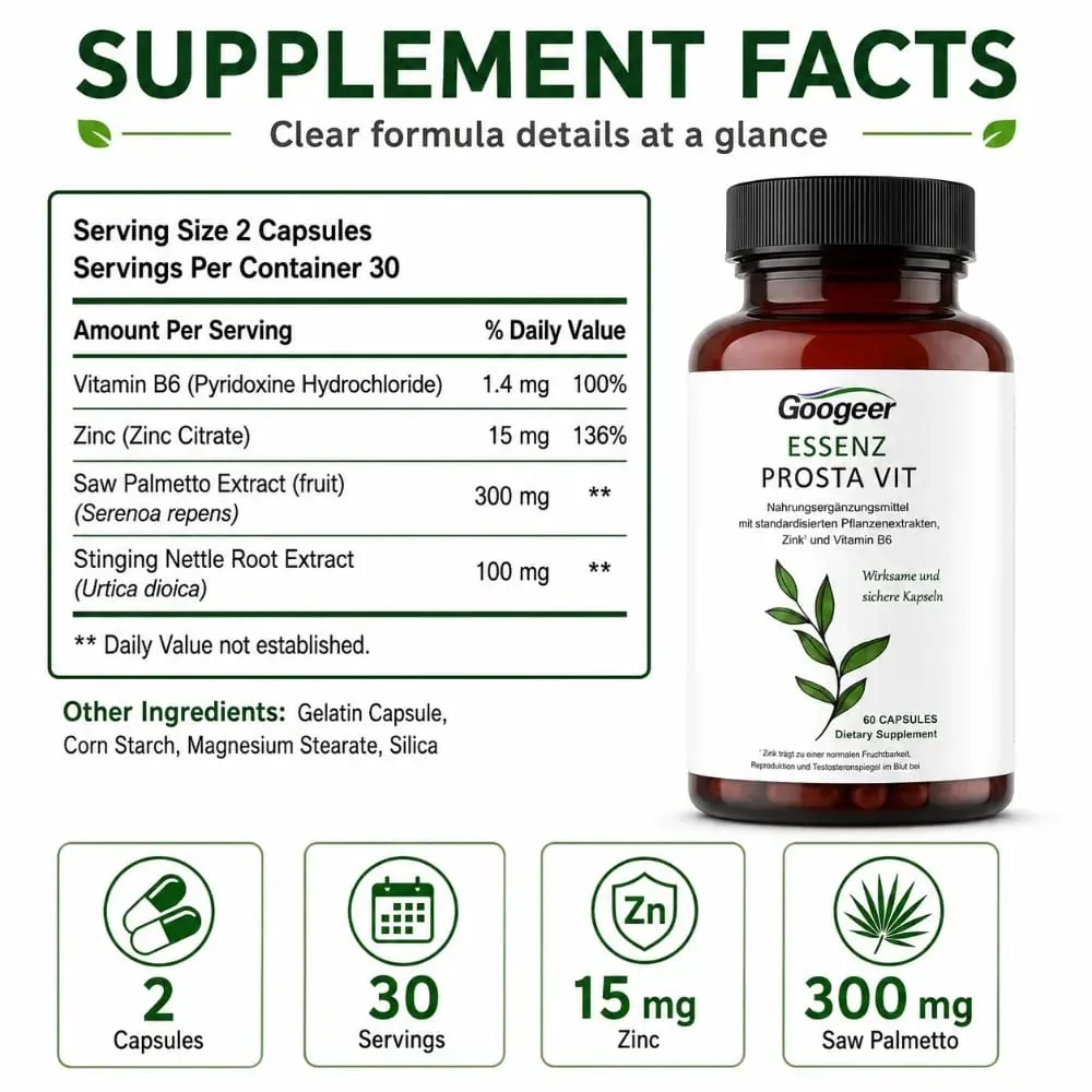 Googeer Prostate Support Capsules Saw Palmetto Extract Stinging Nettle Zinc Vitamin B6 60 Capsules Men's Daily Support — image 2