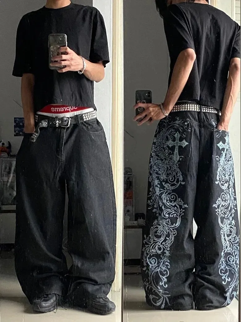 Y2K Vintage Gothic High Street Denim Black Wash Gradient Spine Spider Lily Print Wide Leg Jeans