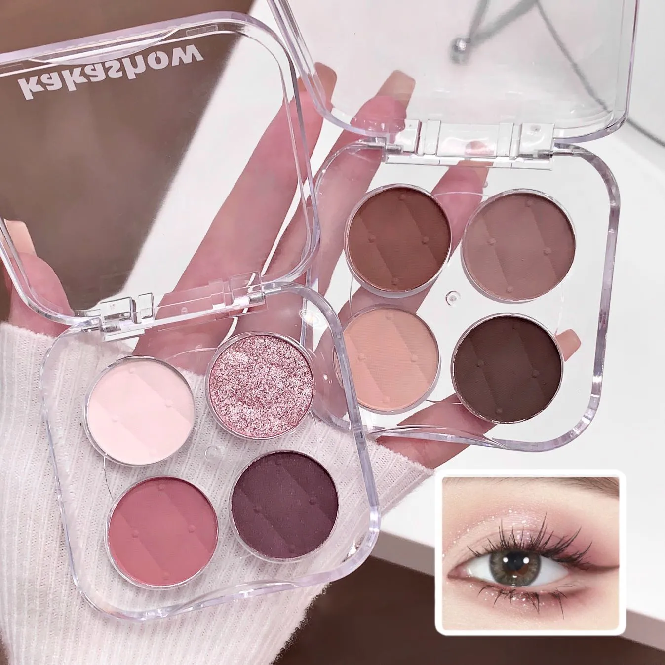 4 Color Eyeshadow Palette Shiny Peach Pink Eye Shadow Matte Milk Tea Eyes Makeup Palette Waterproof Glitter Shimmer Eye Cosmetic