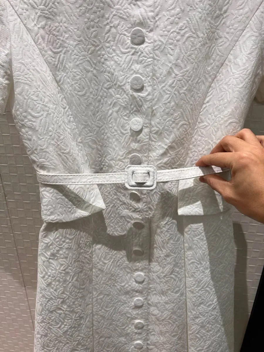 3D flowers embossed pattern 2026 spring women single breasted long dresses belt pockets dress black white — image 3