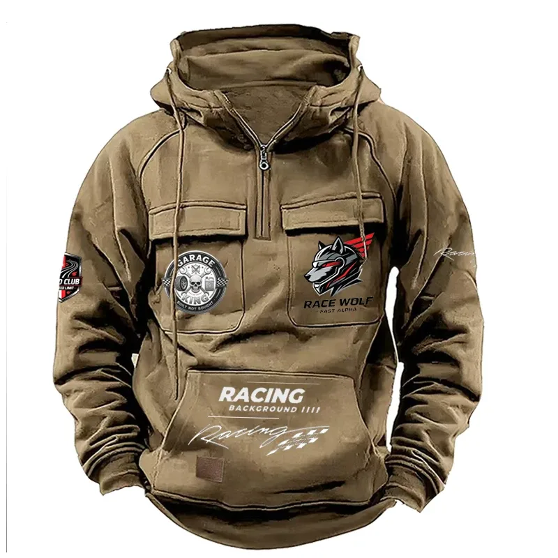 Men's Racing Suit With Large Pockets And Hooded Pullover. Men's Multi-pocket Outdoor Camping Hiking Sports Casual Jacket.
