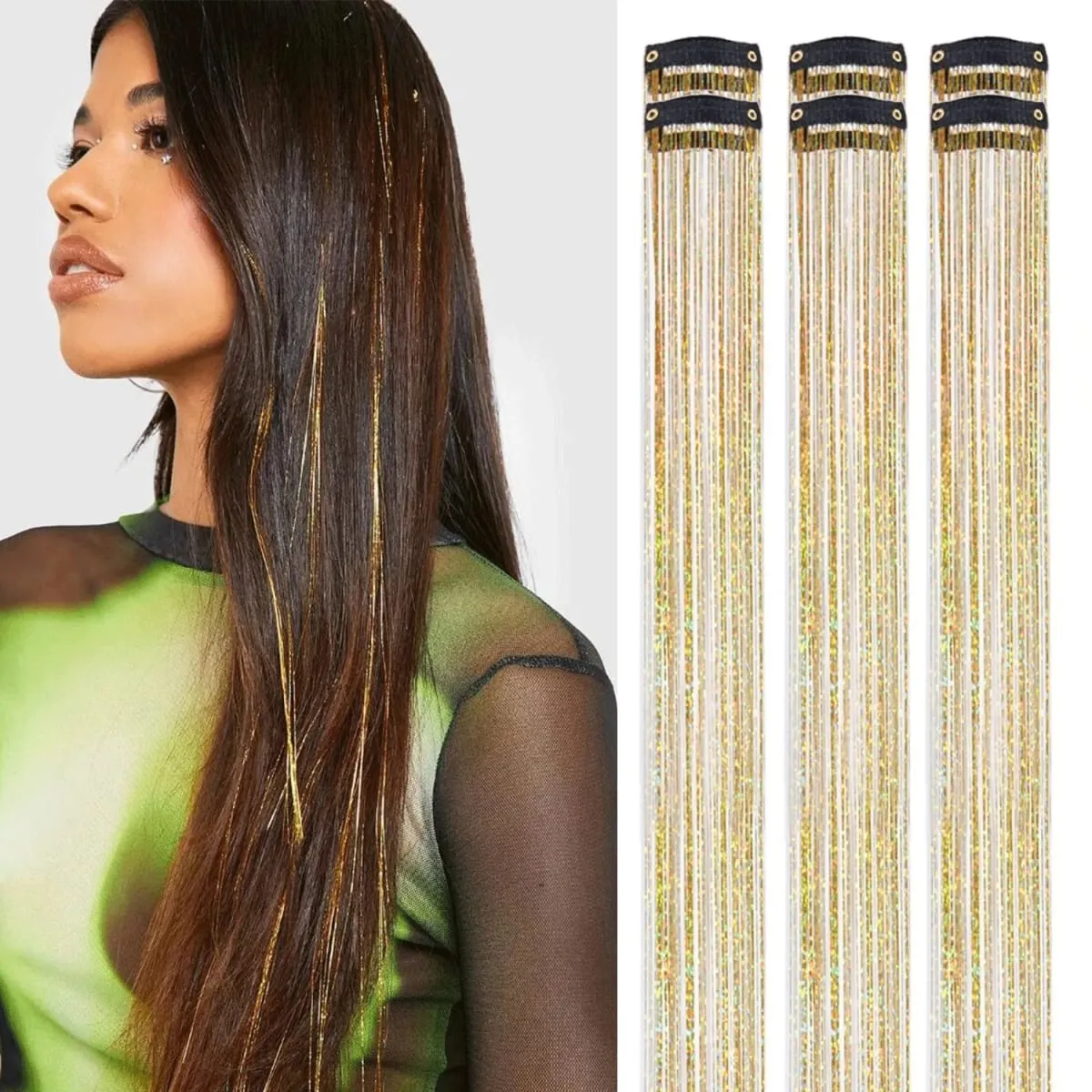 6/12Pas Synthetic Hair Tinsel Clip in 20Inch Glitter Tinsel Hair Clip in Hair Tinsel Kit Heat Resistant Shiny Sparkle Fairy Hair