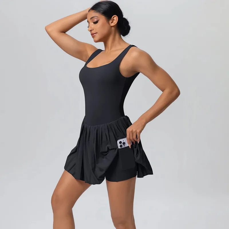 New Lifting Sports Jumpsuit Tennis Skirt With Pockets Yoga Womens Dresses Breathable Naked Feel Backless Female Sportswear