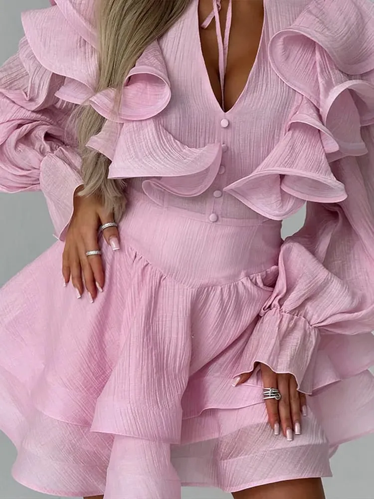 Women Solid Color Ruffle Tiered Mini Dress Long Sleeve V Neck Chiffon Fashion Dresses 2026 Summer Elegant Lady Party Chic Outfit