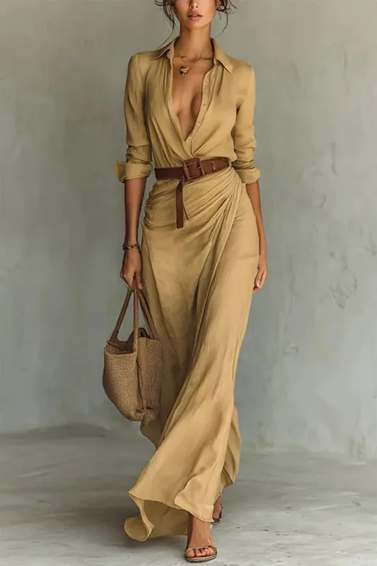 Women's Fashion Solid Holiday Party Dress Elegant Lapel Button Draped Long Dress Casual Long Sleeve Match With Belt Shirt Dress