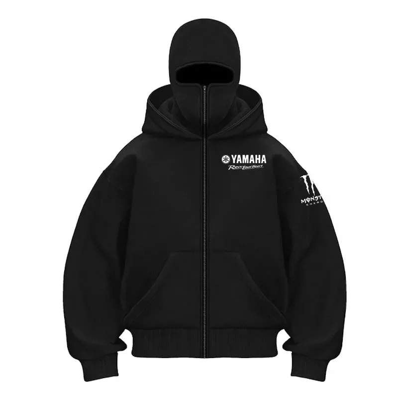 yamaha logo Naka-print na Cotton Cycling Mask Zipper Hoodie Lalaki at Babae Taglagas at Taglamig Bagong Estilo Fashion Casual Retro Cycling Jer