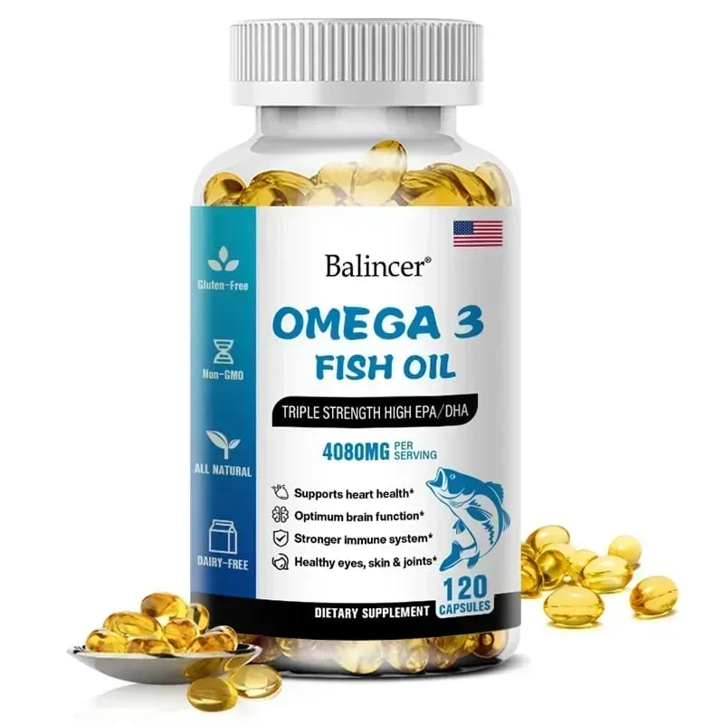 Balincer Wild Caught Omega 3 Minyak Ikan Softgels- Kekuatan Tiga Kali Lipat Tinggi EPA 1200mg DHA 900mg Non-GMO Suplemen Makanan Bebas Gluten