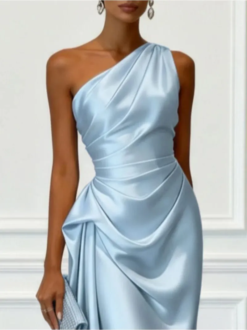 Elegant One Shoulder Satin Ruched Midi Dress for Formal Evening Cocktail Party