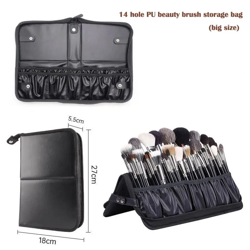 High Quality 14/23/29 Holes PU Cosmetic Makeup Brushes Pouch Portable Black Waterproof Oxford Beauty Brush Bag Organizer