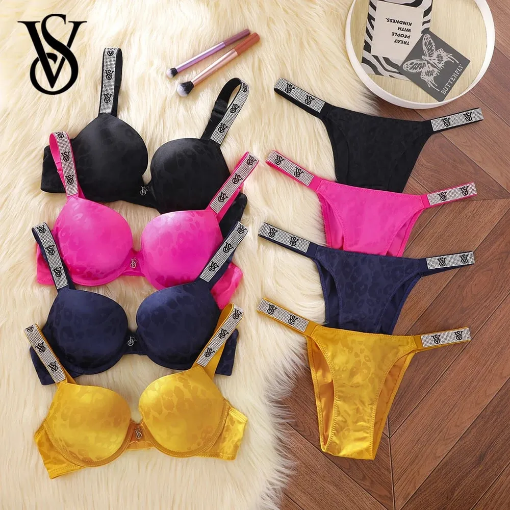 Victoria Secret Sexy Lingerie Set Very Sexy Logo Shine Strap Leopard Print Push Up Bra Shine Script Thong Panty — image 1
