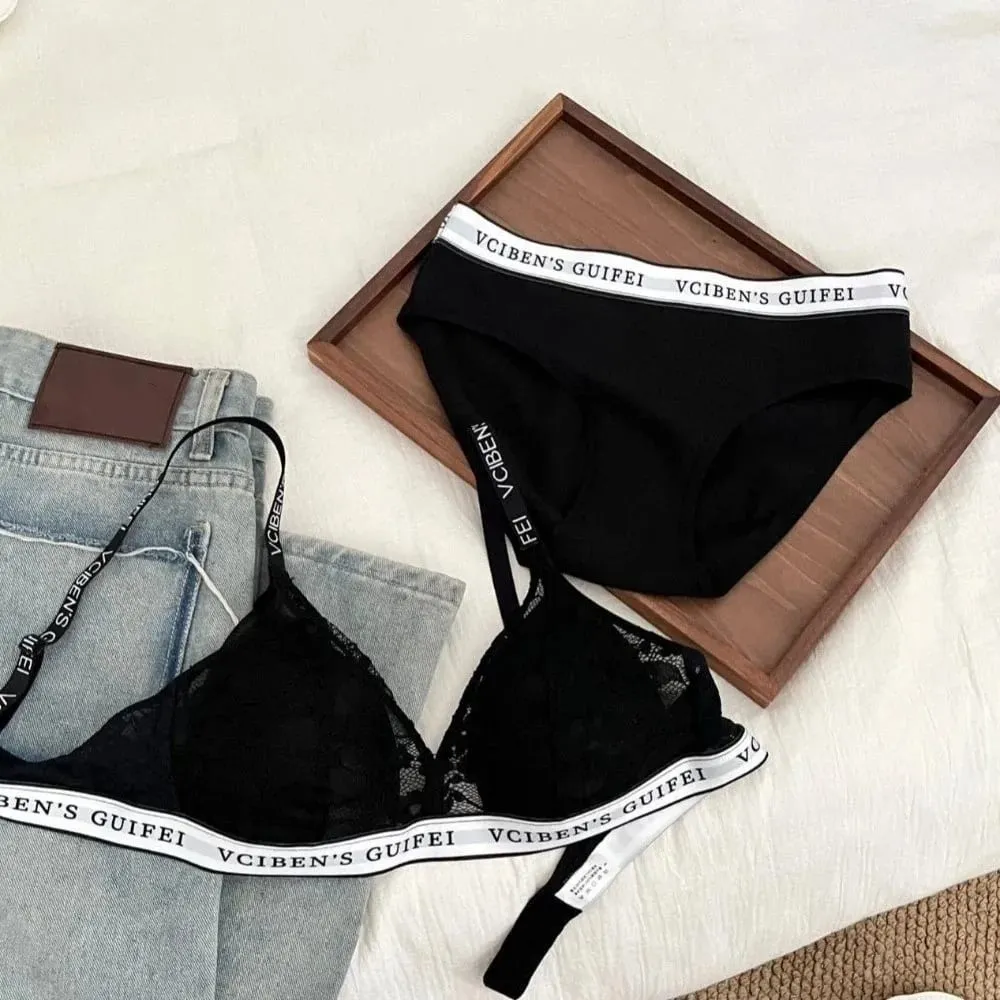 Confortável carta design lingerie conjunto profundo v sem fio roupa interior feminina terno cor bloqueando sutiã de renda calcinha conjunto feminino