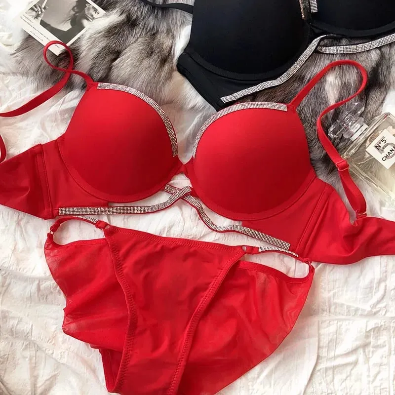 2 Pieces Sexy Underwear Set for Women Classic Cross Hollow Bra Sparkle Rhinestones Lingerie Deep V Push Up Brassiere Set