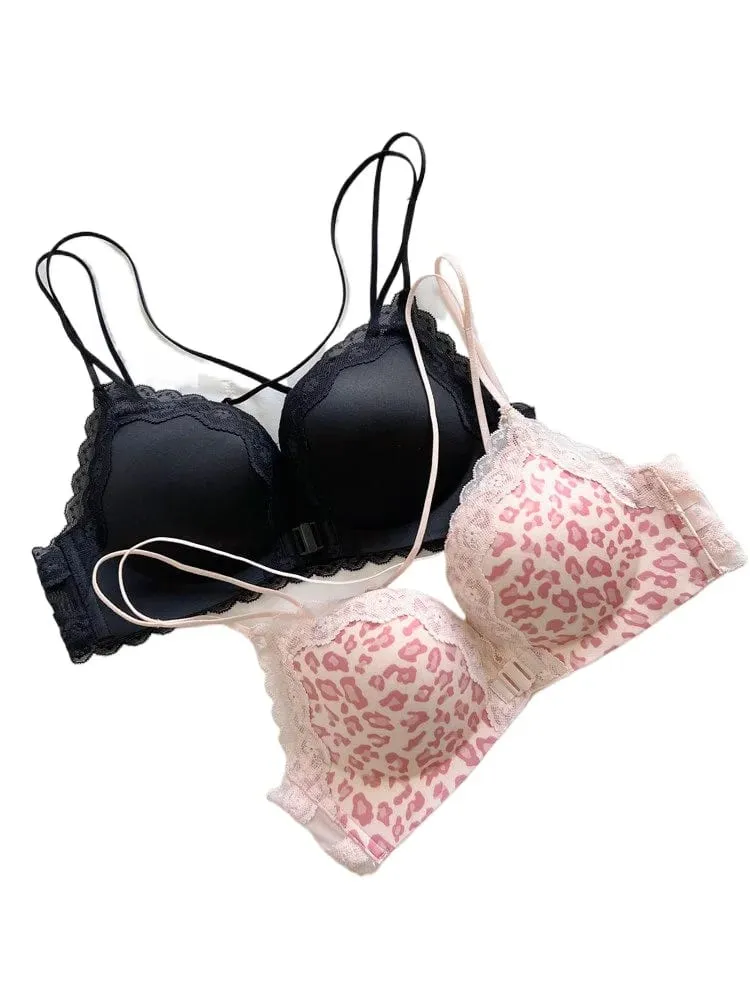 Victoria Style Wireless Lingerie Set Pink Leopard Pattern Front Closure Bra Sensual Back Push Up for Small Bust 32-38