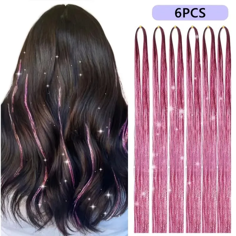 6pcs 22inch Colorful Glitter Tinsel Hair Extensions Fairy Hair Extension Hair Extension Tinsel Glitter Hair Synthetic Extensions — image 2