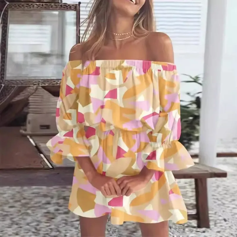 Women Off-Shoulder Ruffled Sleeve Printed Dress with Casual Boho Style for Beach or Vacation Occasions