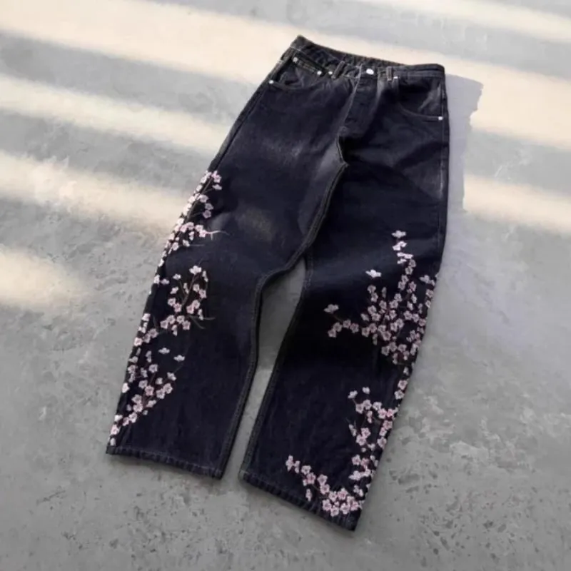 Unisex Jeans Harajuku European American Streetwear Embroidered Denim Pants Vintage Floral Loose Fit Straight Wide Leg Casual New