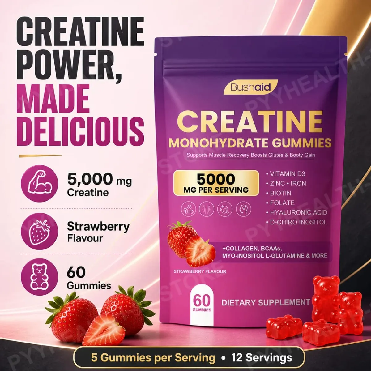 BushAid Creatine Monohydrate Gummies สำหรับการฟื้นฟูกล้ามเนื้อหลังการออกกำลังกายด้วย Multi-Collagen Blend BCAA และ Zinc 60 Gummies