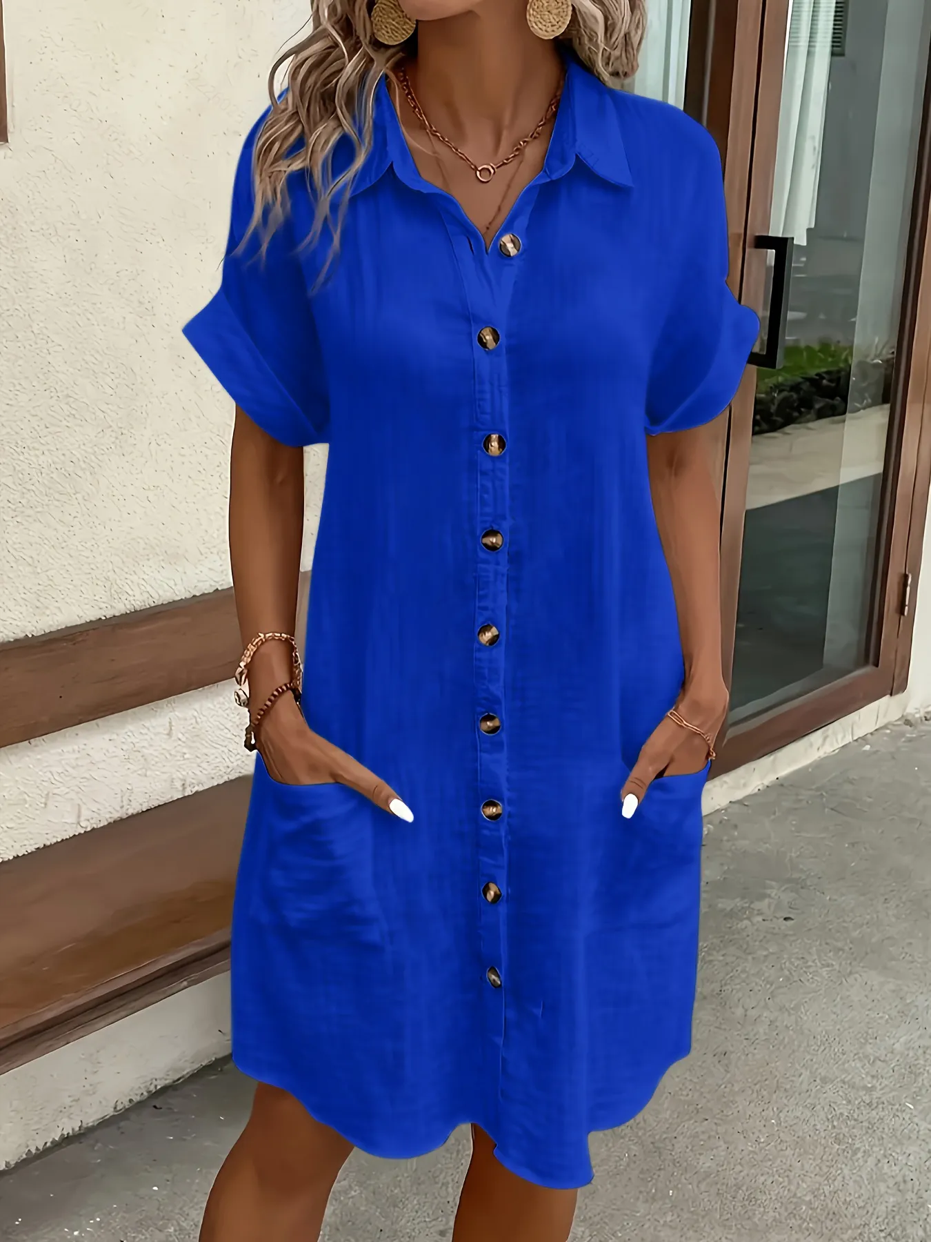 2026 European and American Cross Border Leisure Solid Color Cotton Hemp Buckle Long Short Sleeve Loose Shirt Dress Women's Wear — image 4