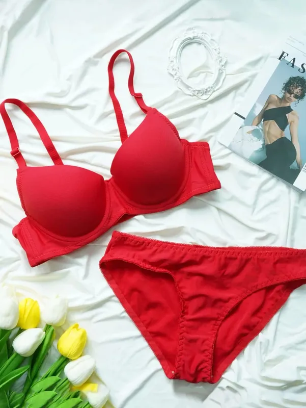 Solid Underwire Lingerie Set Underwear Panty Sets Women Push Up Bra with Steel Ring Intimates Underwear Suit