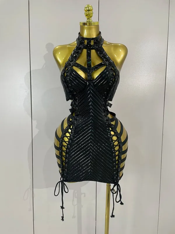 Sexy Black Leather Hollow Out Gothic Bandage Halter Short Dress Women Gogo Dance Singer Nightclub Bar Performance Stage Wear