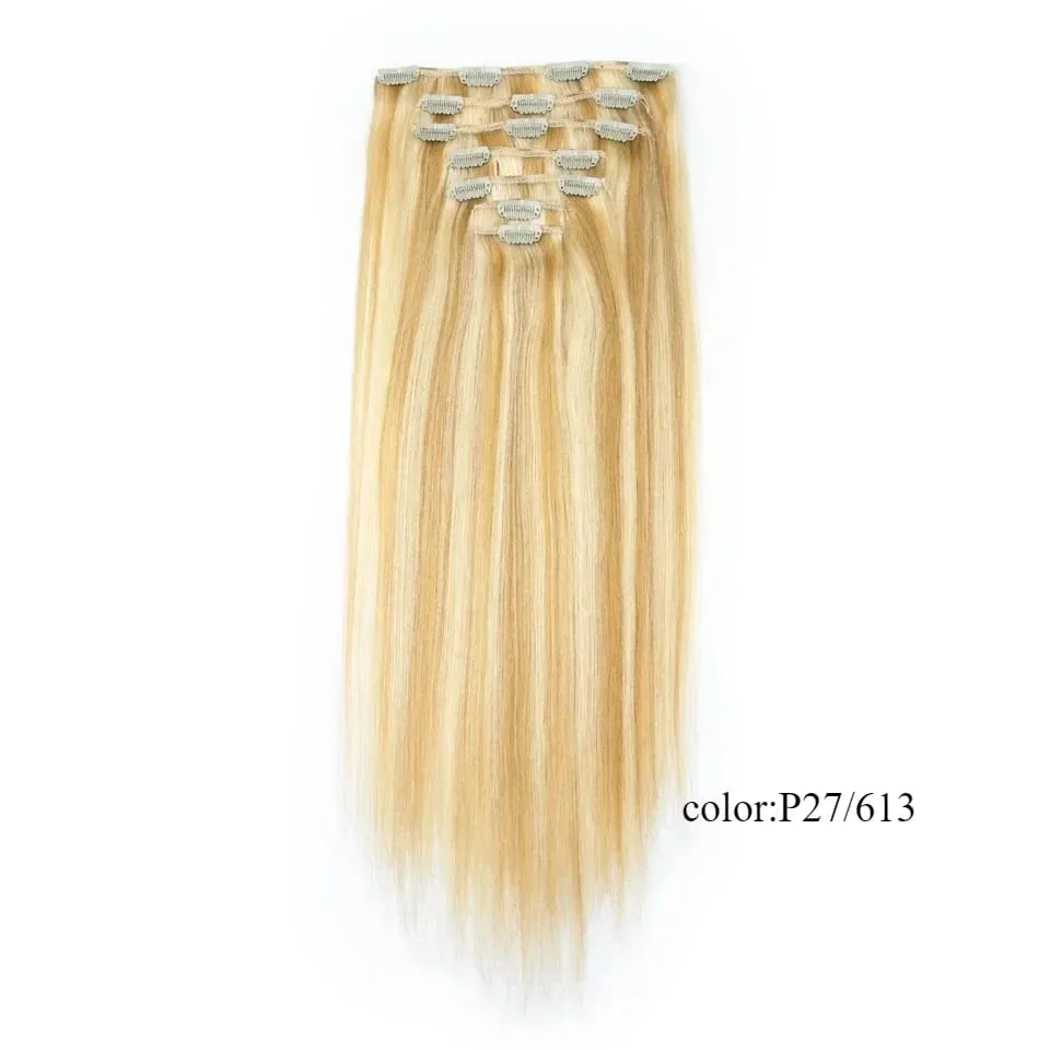 7PCS Double Weft Balayage Clip in Human Hair Extensions Light Brown to Bleach Blonde Ombre Remy Natural Straight Seamless for Wo