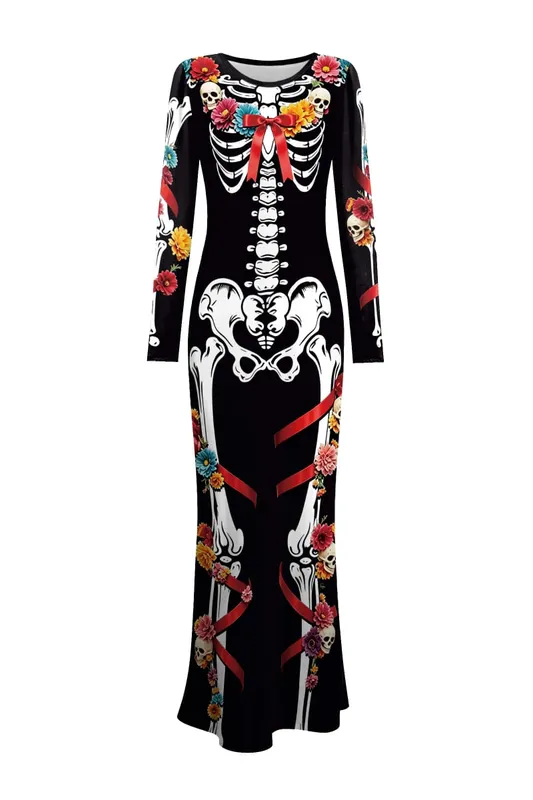 Nadanbao Women Floral Skull Print Dress Gothic Black Long Sleeve Dresses Sexy Slim Party Dress Day of the Dead Cosplay Costumes