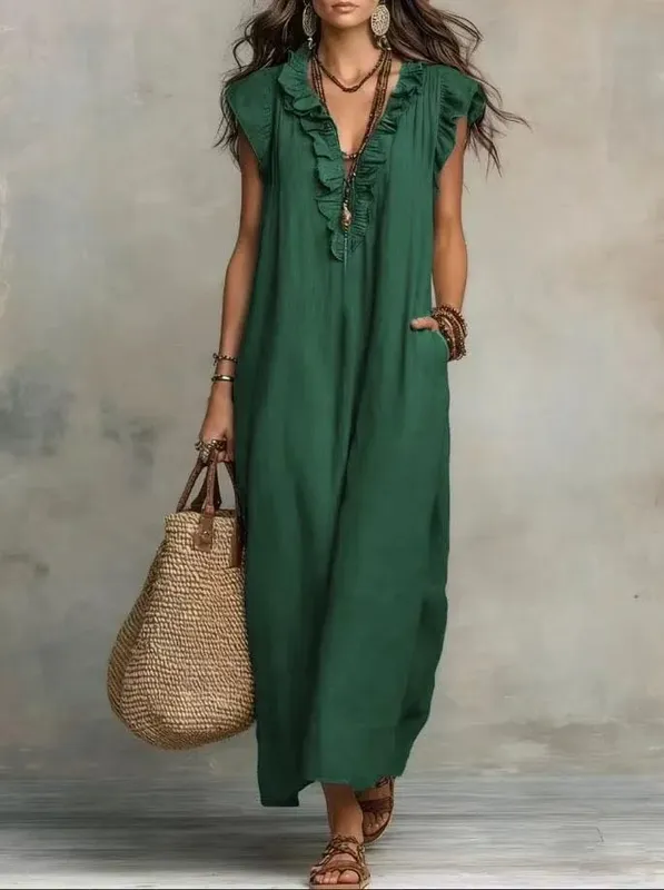 2026 Summer Women Boho Cotton Linen Maxi Dress Solid Color Ruffle V Neck Sleeveless Loose Long Dresses With Pockets Casual Beach — image 14