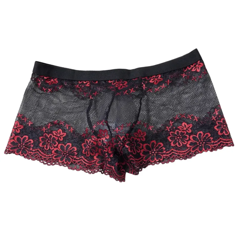 Men Lace Jacquard Mesh Boxer Shorts Underwear Hollow Temptation Exotic Trunks Silk Soft Quick Dry Breathable Sexy Panties