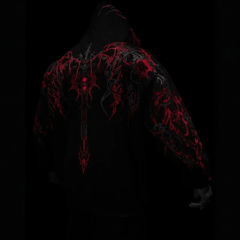 2025New American Style Men's Hooded Sweatshirt Trendy Brand Dark Style Sports Fitness High Street Autumn Winter Men's Sweatshirt