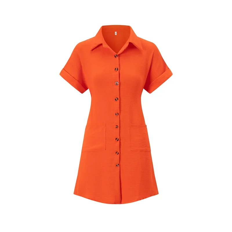 2026 European and American Cross Border Leisure Solid Color Cotton Hemp Buckle Long Short Sleeve Loose Shirt Dress Women's Wear — image 13