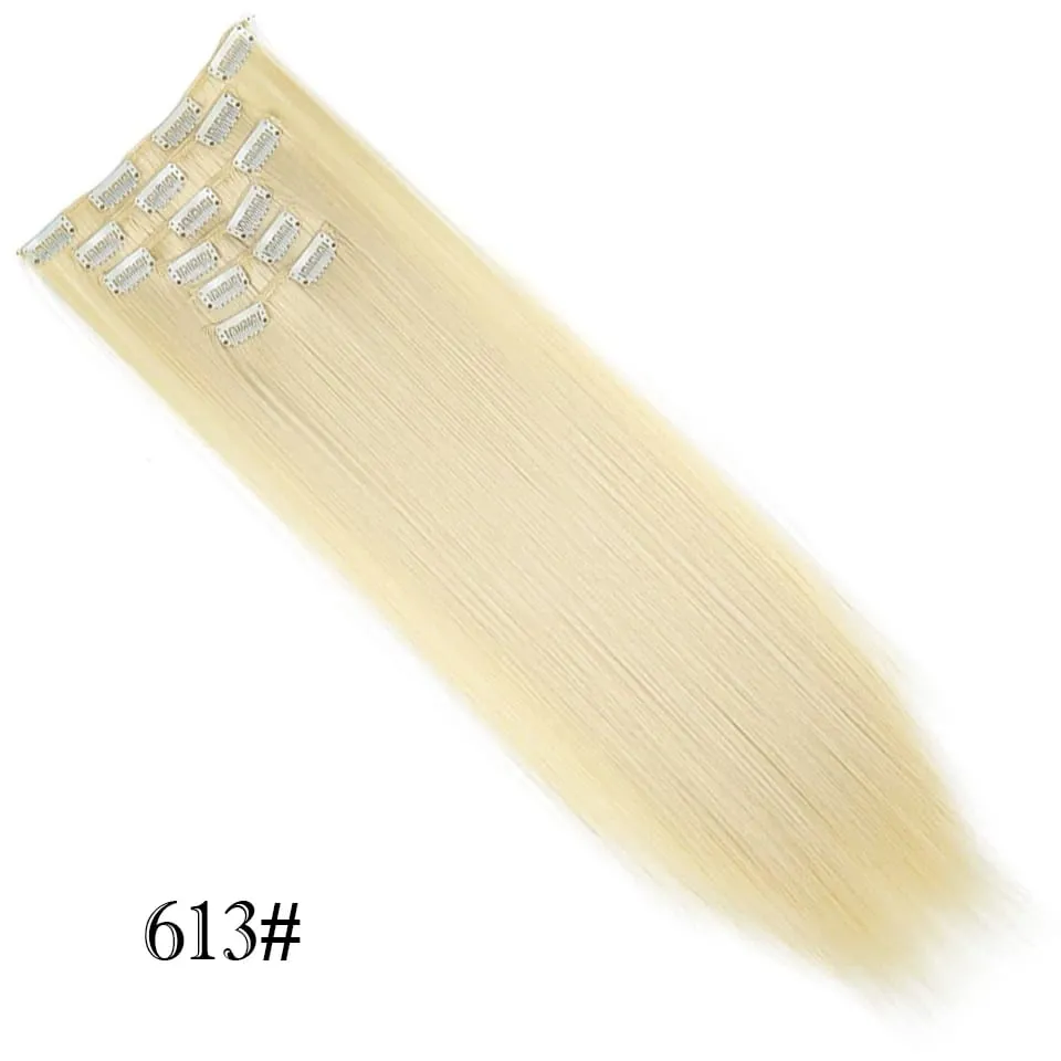 6Pcs/Set Clip In Hair Extension Synthetic Highlights Blonde Long Straight Hairpiece Full Head Thick Hairpieces for Women Girls