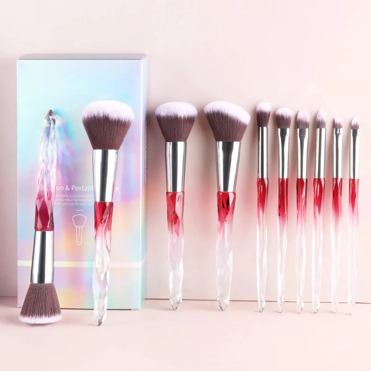 10Pcs Shiny Crystal Handle Makeup Brush Set with Case Round Loose Powder Brush & Flat Foundation Brush for Eye Makeup
