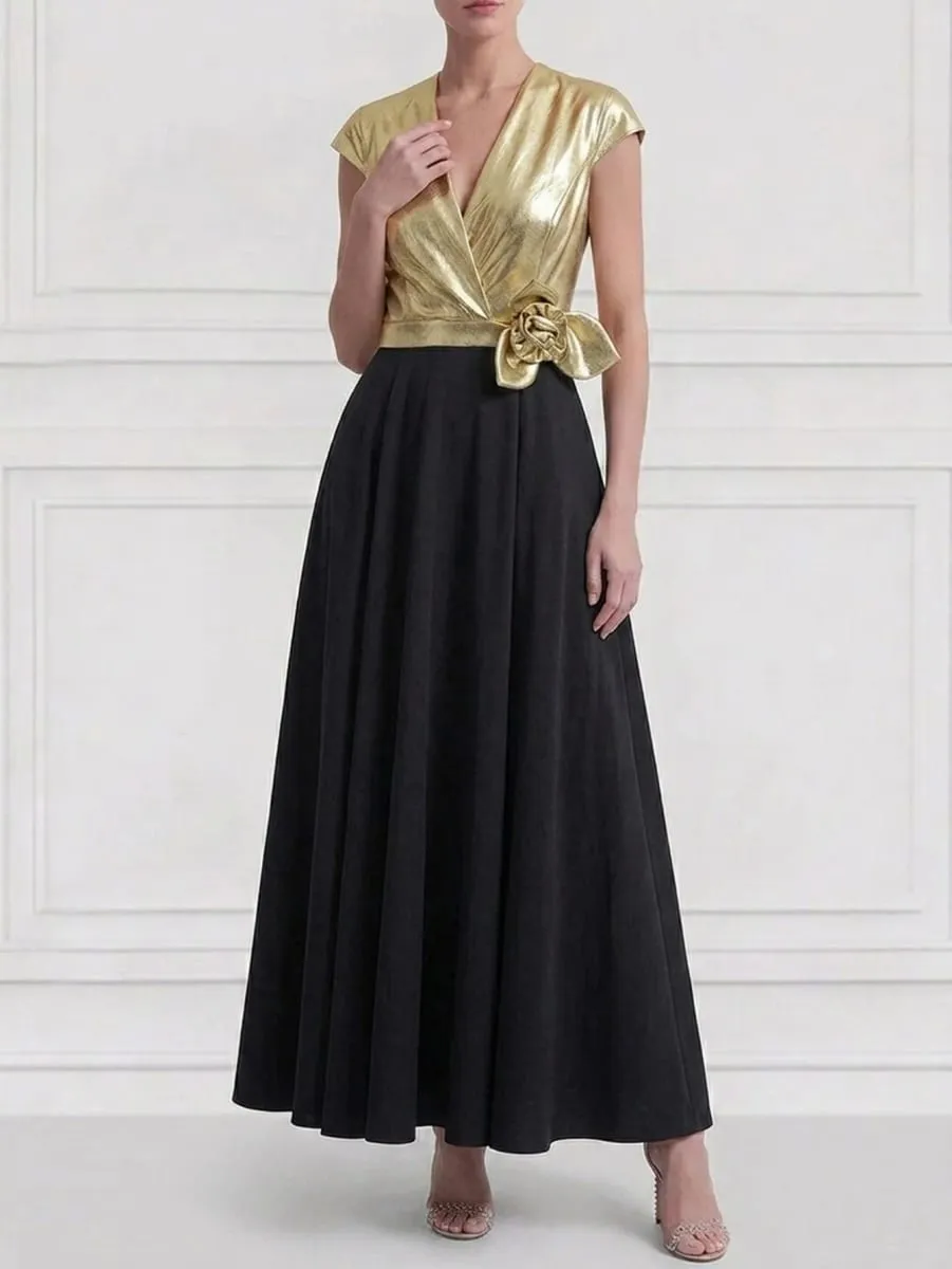 Women's Cap Sleeve V Neck Wrap Maxi Dress Contrast Splicing Floral Applique Detail A Line Pleated Long Dress Elegant Formal Evening Outfit