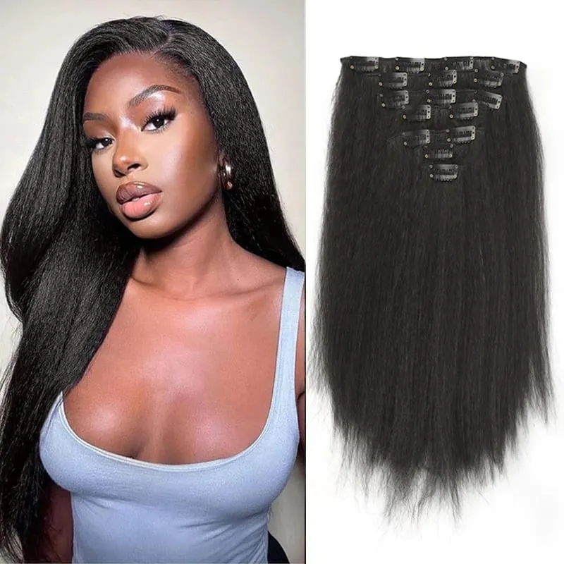 7Pcs Clip in Hair Extensions Wig Synthetic Black Yaki Straight Hair Extensions with BB Clip Fluffy Hairpiece for Women Daily Use — image 8