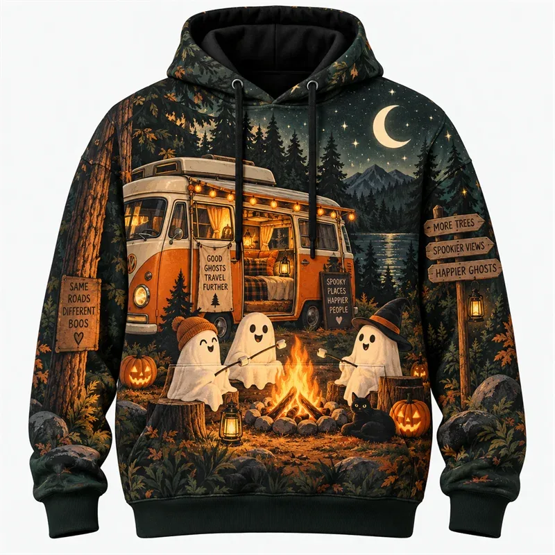 Halloween Hoodie 2026 Retro Graphic Pullover Haunted Adventure Gothic Night Streetwear Pumpkin Ghost Skeleton Moon Forest Unisex — image 5