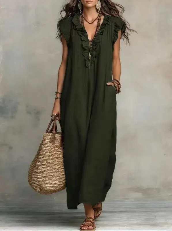 2026 Summer Women Boho Cotton Linen Maxi Dress Solid Color Ruffle V Neck Sleeveless Loose Long Dresses With Pockets Casual Beach — image 9