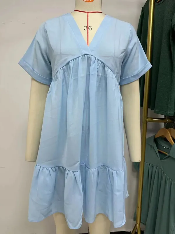 Summer White Dress V Neck Short Sleeve Loose Fit Dresses Pleated Midi A Line Pastel Pink Women's Casual Summer Woman Clothing — image 7