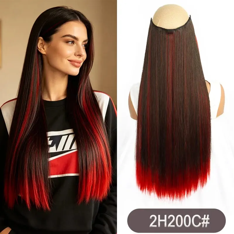 Synthetic 24Inch Long Straight One Piece Rainbow Highlight Clip In Hair Extensions for Women Daily Use Easy Wear