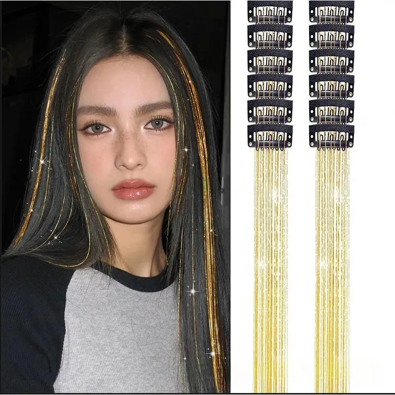 12 pezzi per confezione di fermagli per capelli BB estensioni dei capelli metallizzati lucidi con clip capelli sintetici accessori per capelli scintillanti per le donne