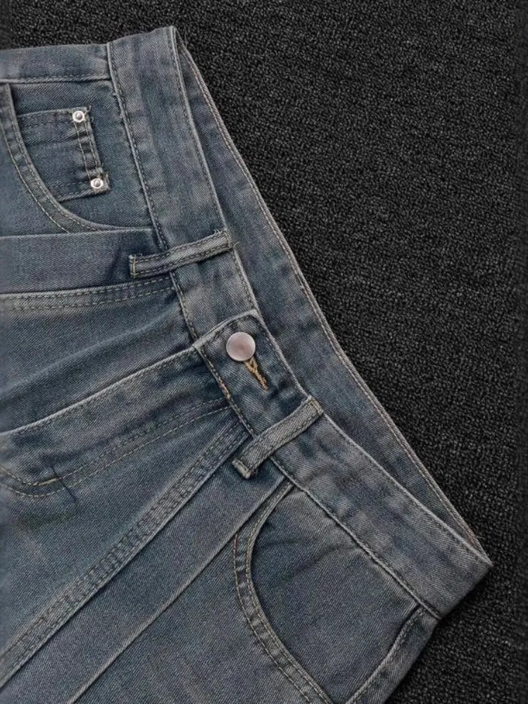 Mens Jeans American Vintage Streetwear Dark Blue Wide Leg Denim Pants Patchwork Contrast Stitch Washed Loose Fit Retro Fashion