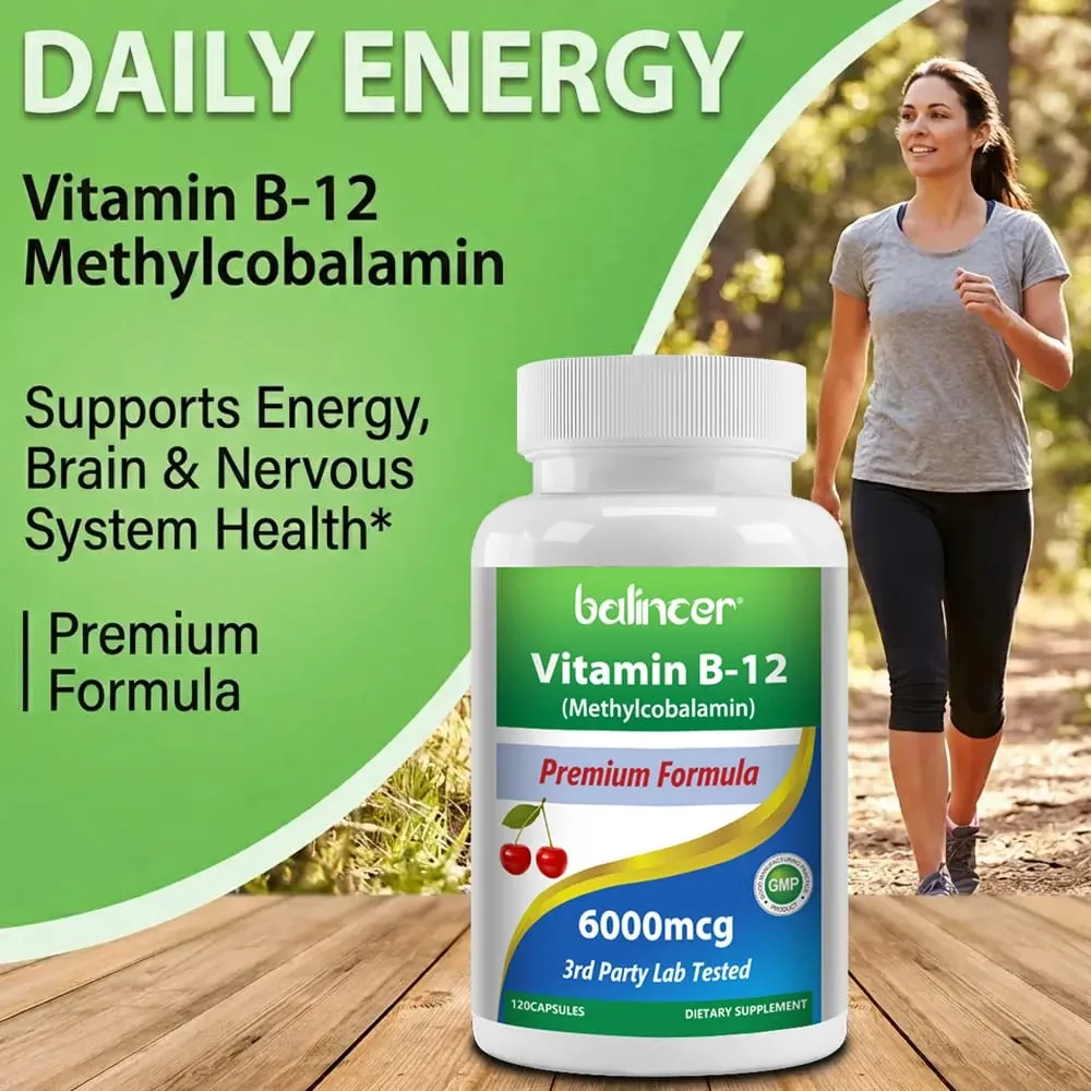 Vitamin B12 Supplement 6000mcg - Energy Brain Memory Mood Heart Function Nervous & Immune System Support 30/60/120 Capsules