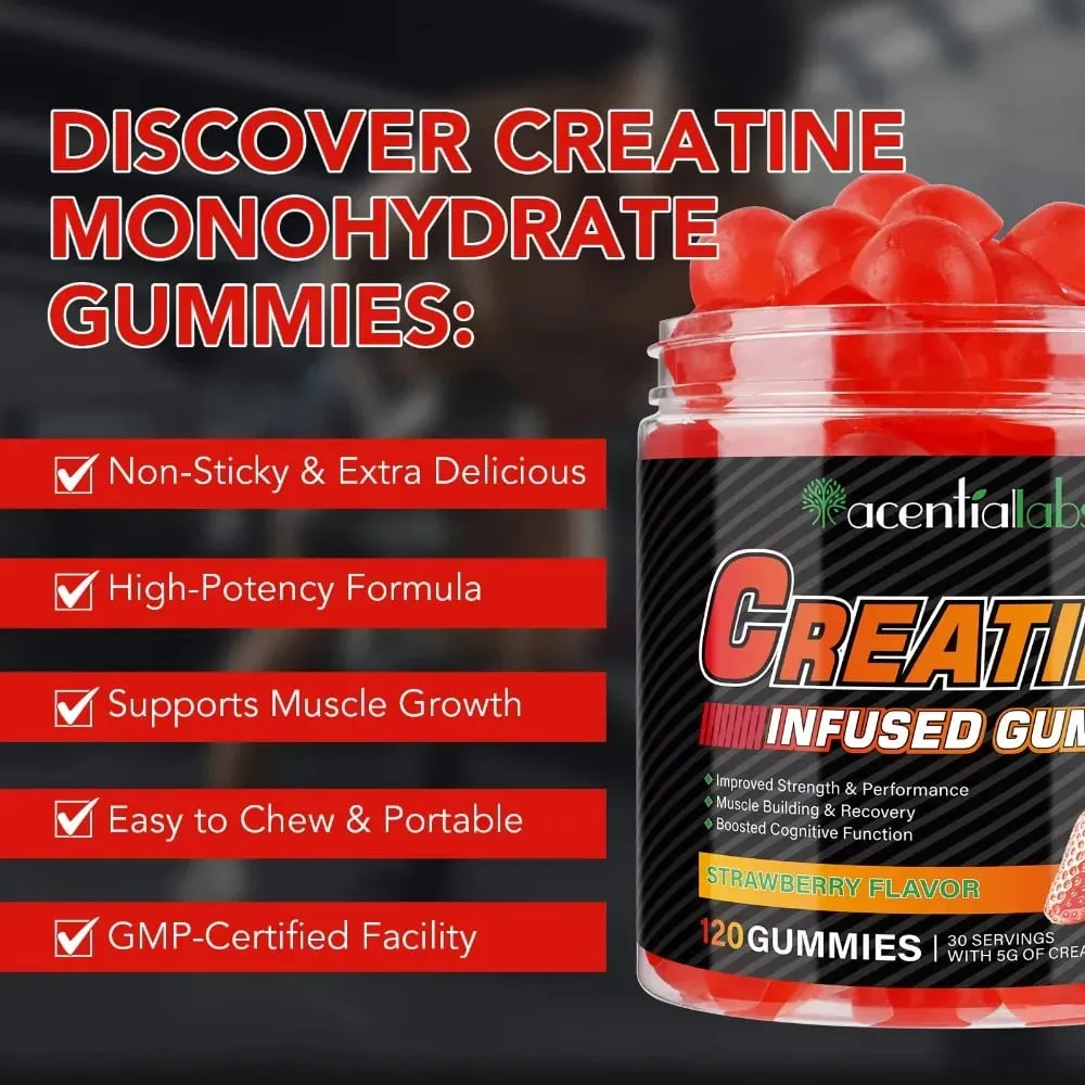 Creatine Monohydrate Gummies 5000mg for Muscle Strength Recovery & Pre-Workout Energy Boost Sugar-Free Vegan Strawberry 120 Ct