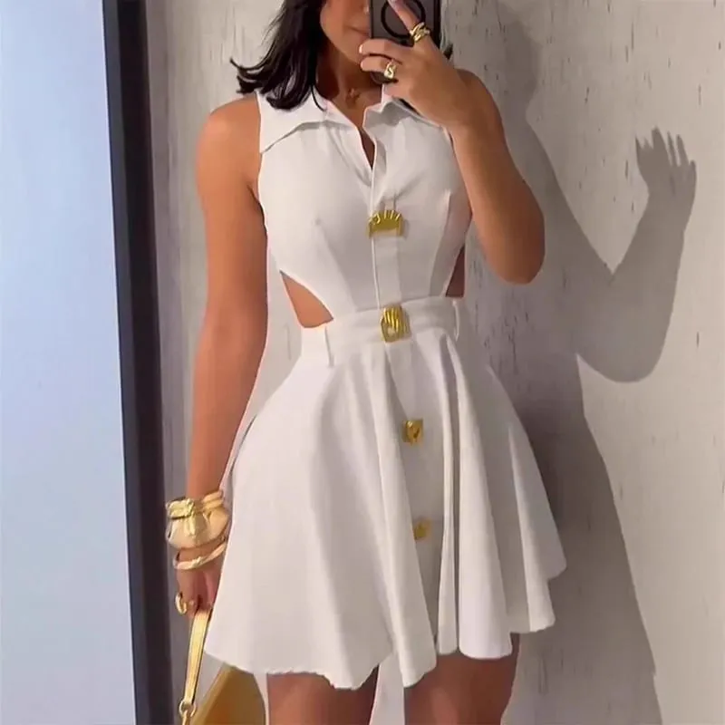 Summer Solid Color High Waist Pleated Dresses Office Lady Lapel Button A-line Dress Sexy Hollow Out Sleeveless Slim Short Dress — image 3