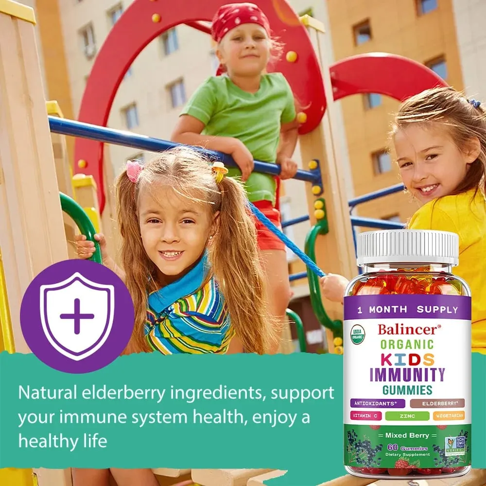 Organics Immunity Gummies for Kids with Vitamin C Zinc Elder Berry Extract Antioxidant & Overall Wellness Non-GMO Gluten Free