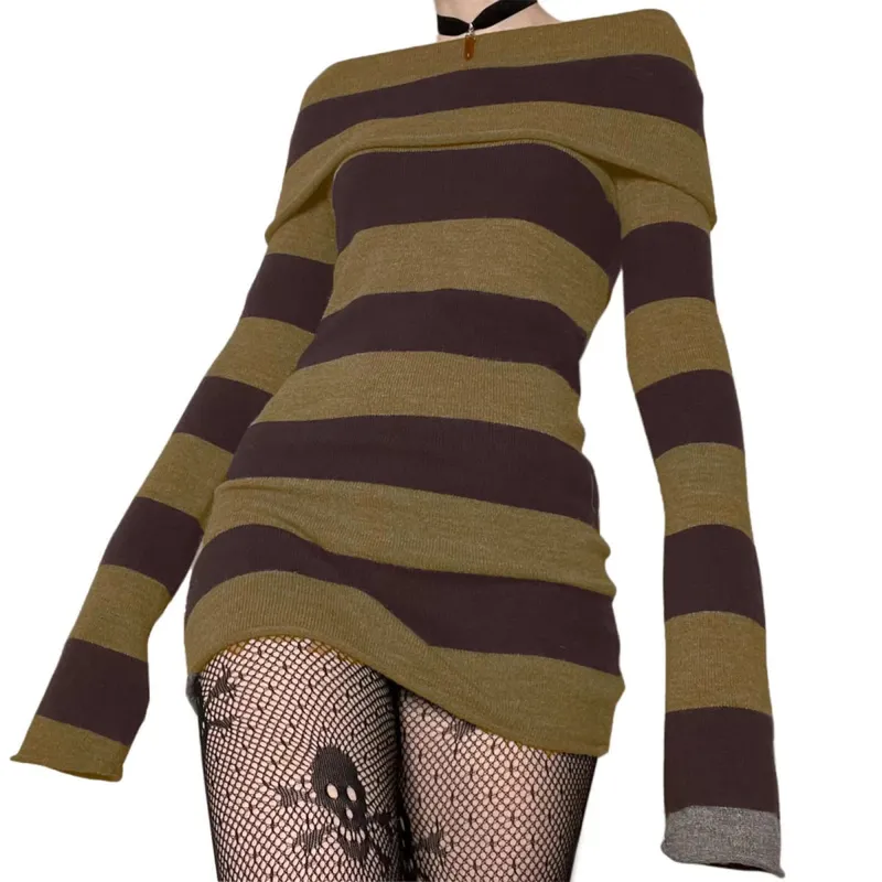 Women Mini Bodycon Dress Stripe Boat-Neck Long Sleeve Short Dress Spring Autumn Wrapped Hip Party Dress