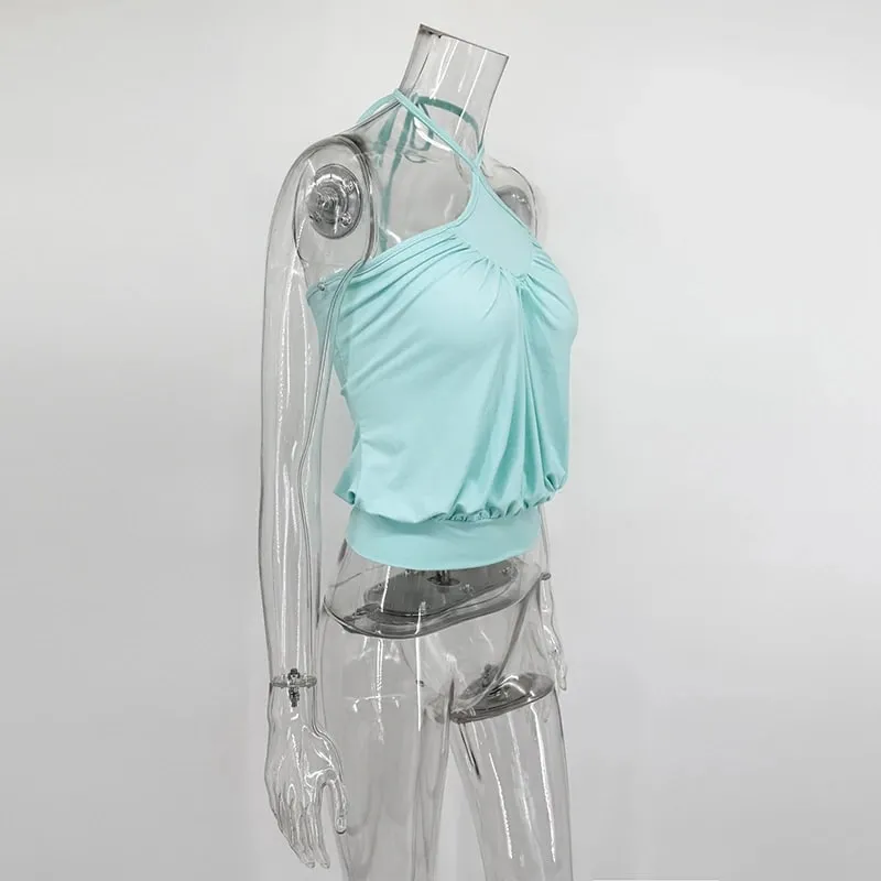Typhaland Cross Neck-Mounted Camisole Women's Solid Sexy Backless Waist Cinching Pleated Stretch Casual Commuting Female Top