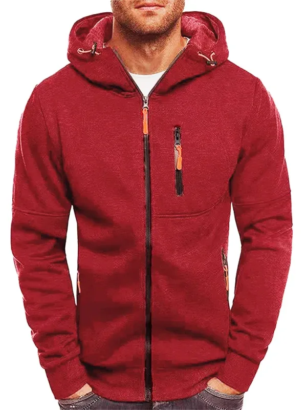 Men's Grey Hooded Sweatshirt Full Zipper Casual Sportswear with Pockets Orange Drawstring plus Size Available